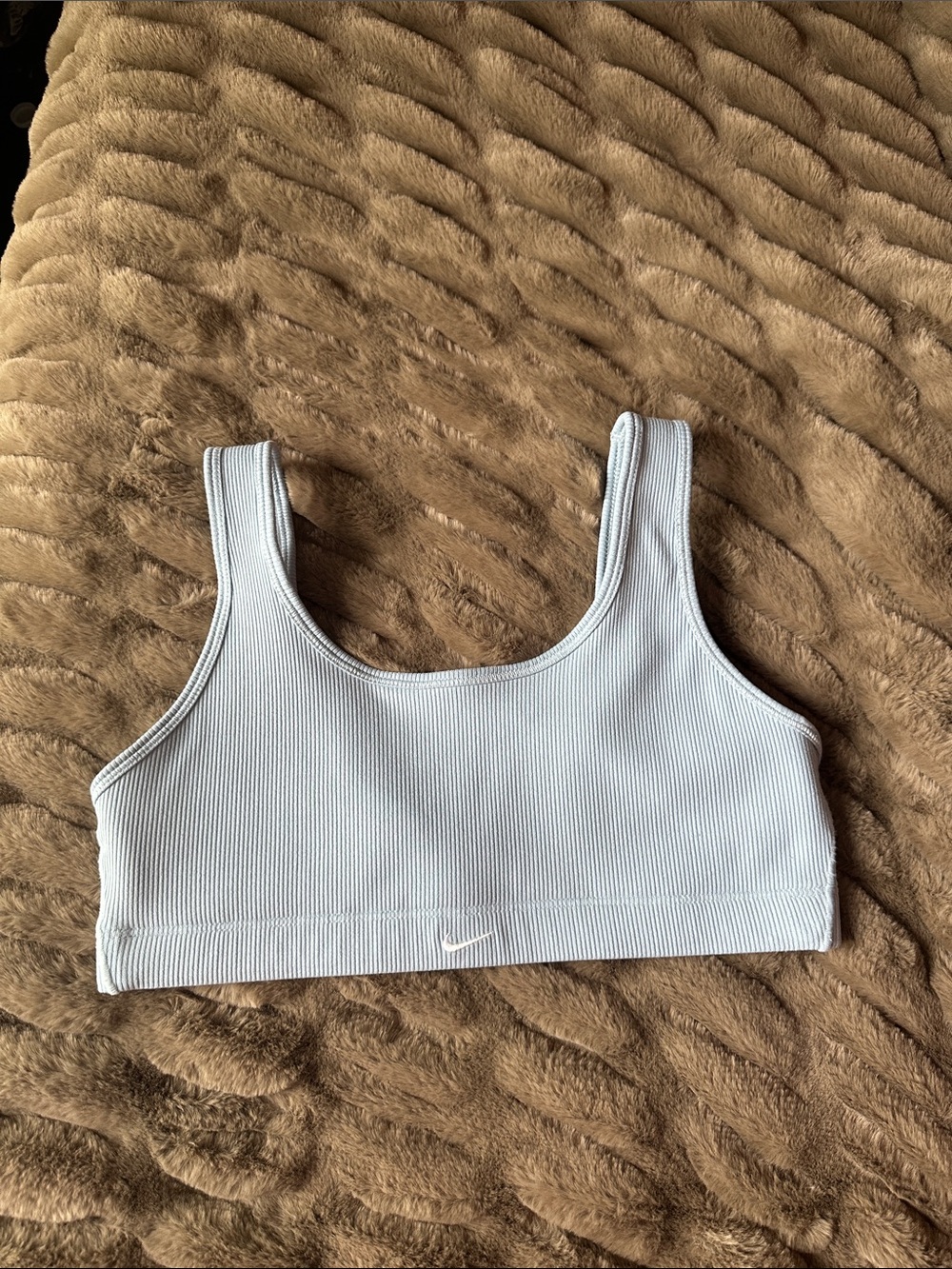 Nike Alate Light Blue Ribbed Tank Sports Bra with Subtle Swoosh